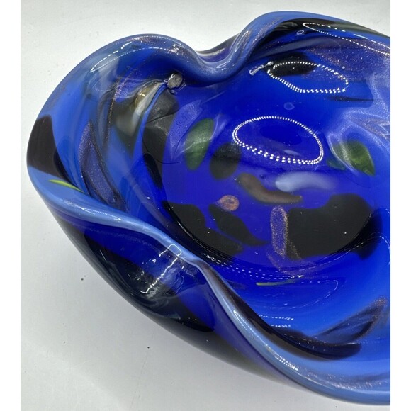 Vintage MCM Blue Glass Ashtray Murano Cobalt Blue Aqua Glitter Triangular - Picture 3 of 8